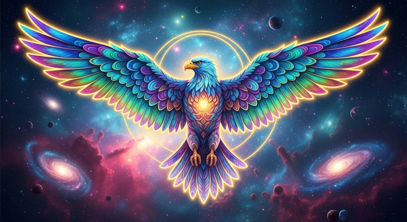 Cosmic eagle soaring through psychedelic landscape