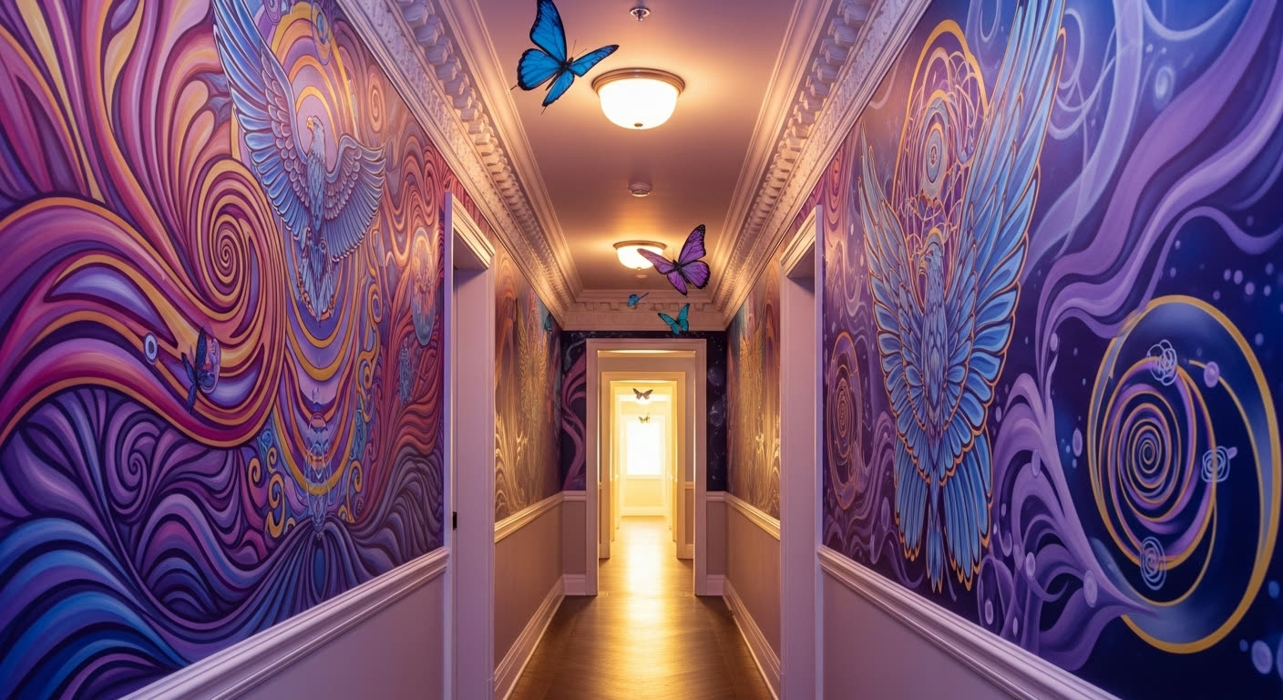 Psychedelic transformation hallway with butterflies